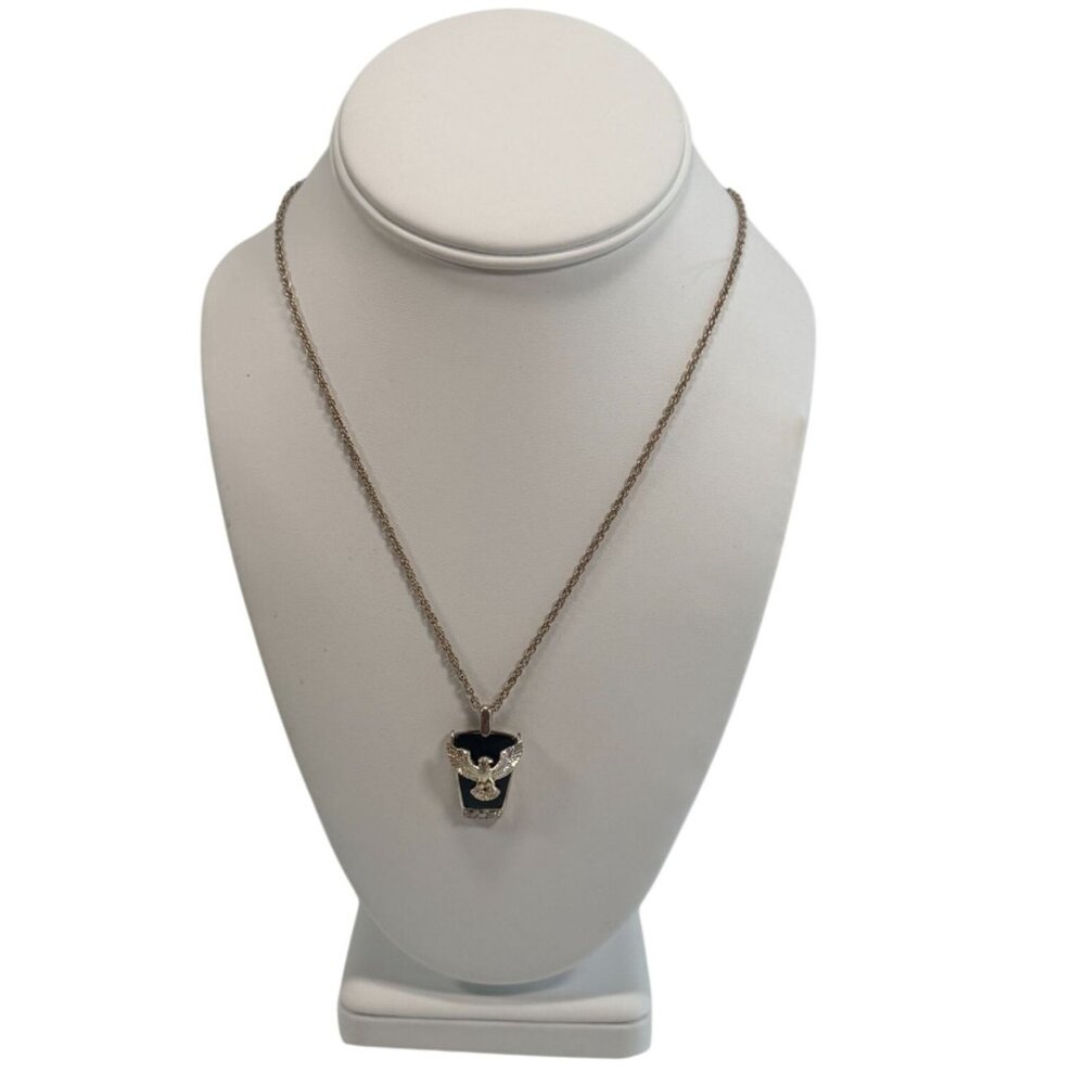 Vintage American Eagle Silver Tone Onyx Eagle Pendant Necklace CZ Stones 18" - Picture 3 of 11
